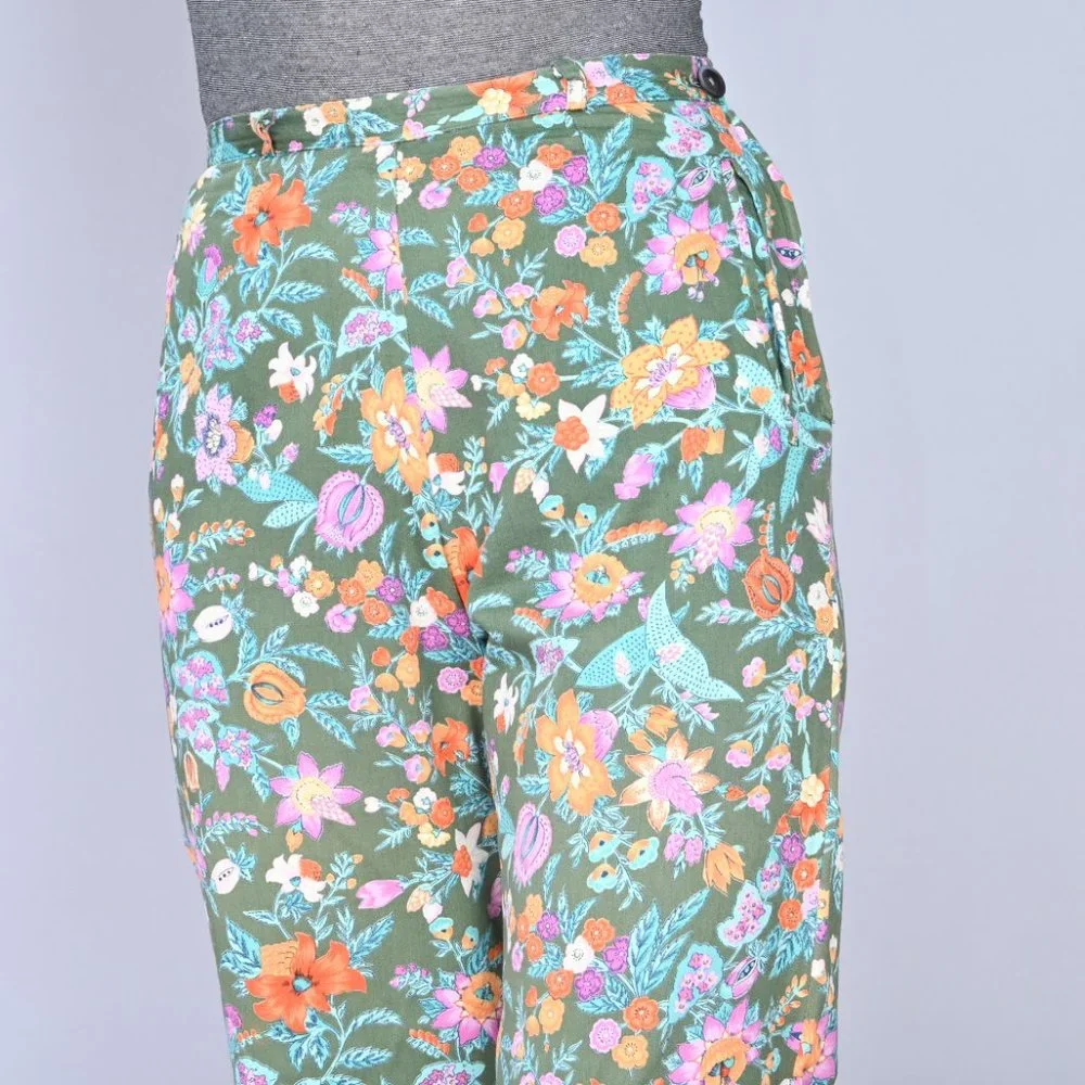 VINTAGE Vico Dritto Portofino High Waist Green Floral Pants 50s Retro S - Picture 2 of 7